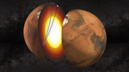 An artist’s concept of seismic waves detected by NASA’s InSight mission from Marsquakes traveling through the Red Planet’s core