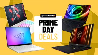 Gaming laptops on a yellow background with Prime Day deals badge in the middle