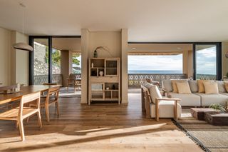 The interior of a suite at Wave House in El Zonte with views of the ocean