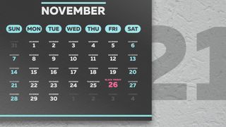 November 26 highlighted in pink on 2021 calendar 