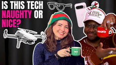 Josie Watson and Jon Devo holding naughty and nice mugs next to Ray-Bans, DJI Drones and an iPhone.