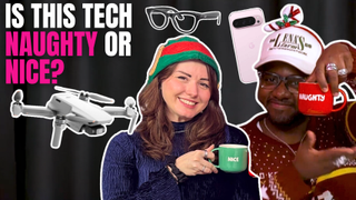 Josie Watson and Jon Devo holding naughty and nice mugs next to Ray-Bans, DJI Drones and an iPhone.