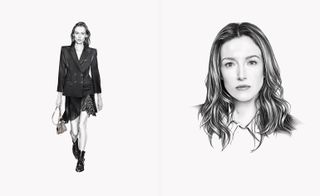 Illustration of Clare Waight Keller and an outfit of a jacket with strong shoulders contrasting with a short hemline