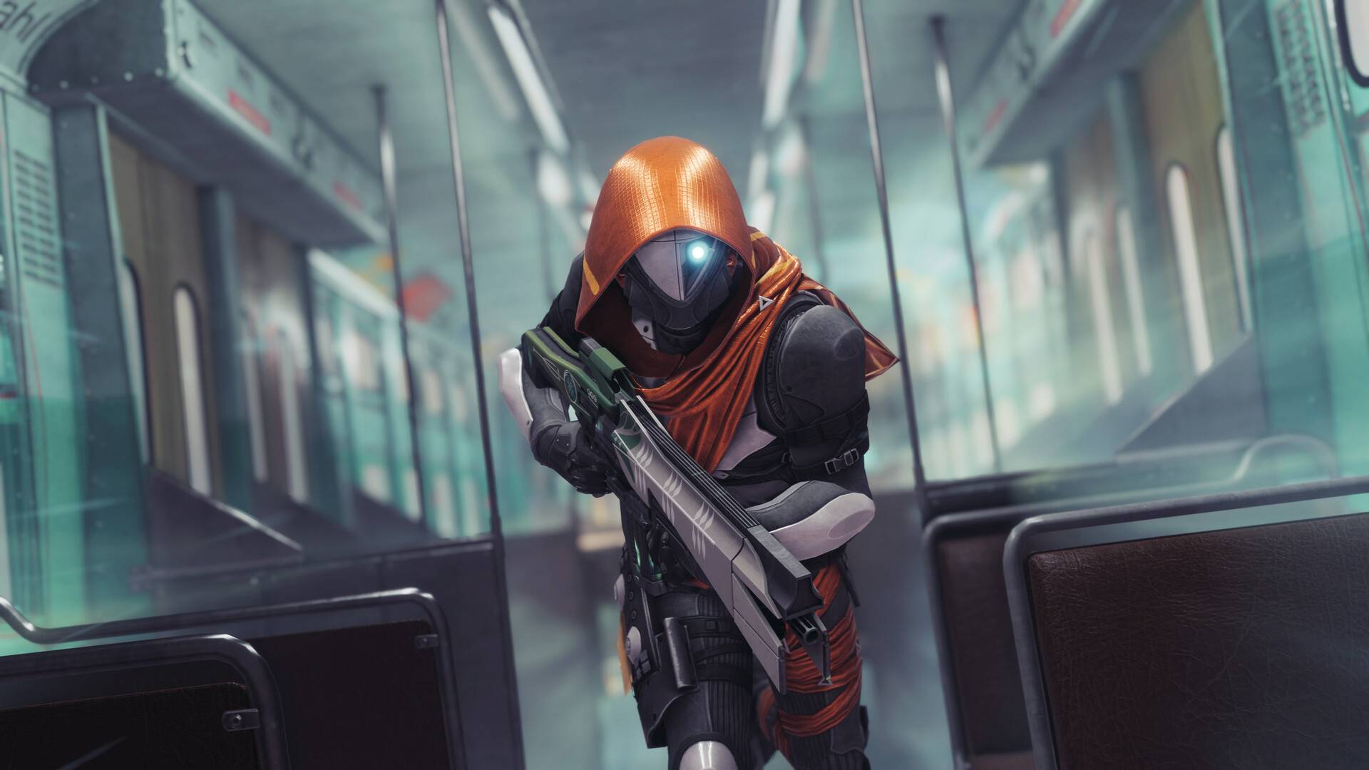 Destiny 2 Edge of Fate hunter running through train carriage with auto rifle in hands