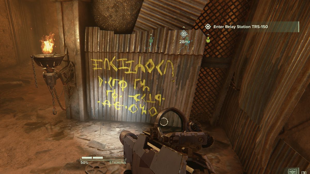 Darktide easter egg: graffiti that says "BEAST OF NURGLE" and "DEATH TO THE FALSE EMPEROR" in Chaos Runes