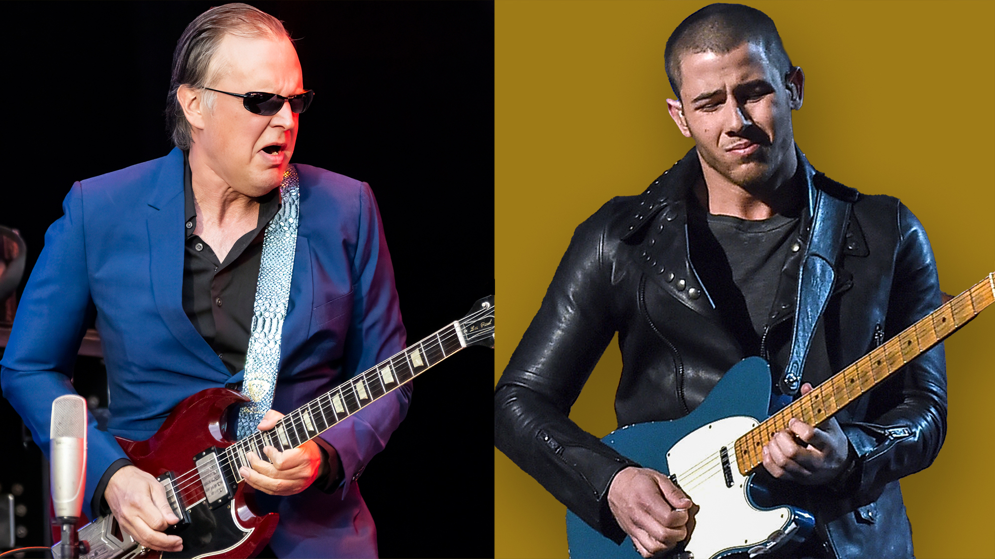 LEFT: Joe Bonamassa at Lumen Field on May 15, 2024 in Seattle, Washington. RIGHT: Nick Jonas onstage at the 51st Academy of Country Music Awards at MGM Grand Garden Arena April 3, 2016 in Las Vegas 