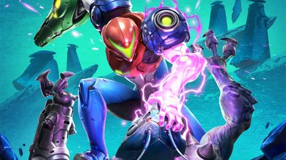 Metroid Ravenous key art cropped down to Samus attacking a creature with her arm