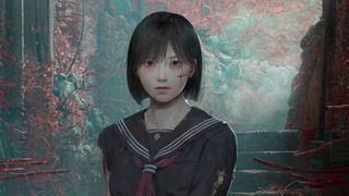 Key art for Silent Hill f, cropped for a thumbnail, showing Hinako Shimizu standing in an alley of Ebisugaoka, a 1960s rural Japanese town, which has been taken over by red sprouting growths, including spider lilies