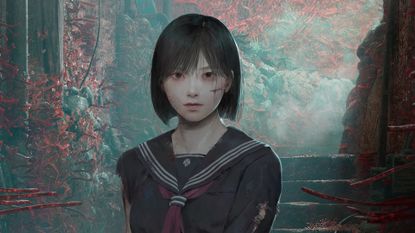 Key art for Silent Hill f, cropped for a thumbnail, showing Hinako Shimizu standing in an alley of Ebisugaoka, a 1960s rural Japanese town, which has been taken over by red sprouting growths, including spider lilies