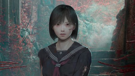 Key art for Silent Hill f, cropped for a thumbnail, showing Hinako Shimizu standing in an alley of Ebisugaoka, a 1960s rural Japanese town, which has been taken over by red sprouting growths, including spider lilies