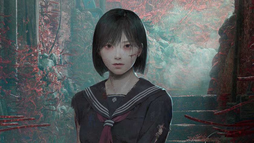 Key art for Silent Hill f, cropped for a thumbnail, showing Hinako Shimizu standing in an alley of Ebisugaoka, a 1960s rural Japanese town, which has been taken over by red sprouting growths, including spider lilies