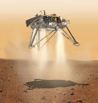 An artist's illustration showing NASA's InSight lander touching down on Mars. The landing will take place on Nov. 26, 2018.