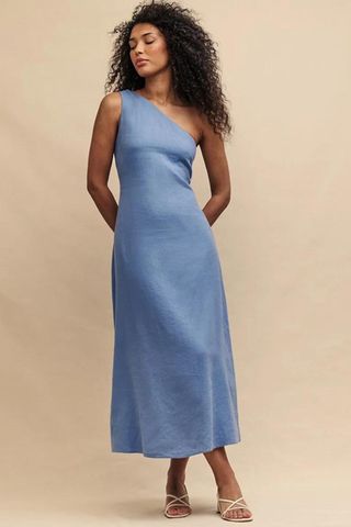 Nobody's Child Blue Linen-blend One Shoulder Midi Dress