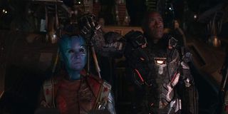 Avengers: Endgame Nebula and Rhodey looking up in concern