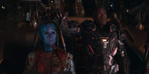 Avengers: Endgame Nebula and Rhodey looking up in concern