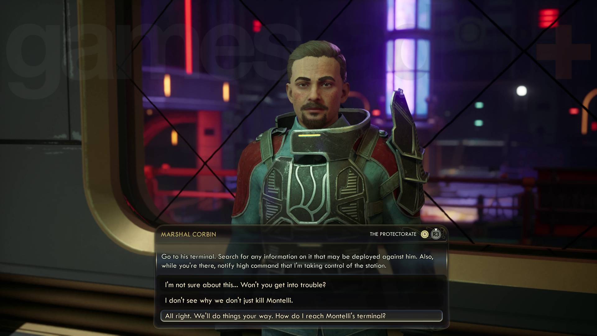 The Outer Worlds 2 talking to Corbin and agreeing to do things his way for Montelli