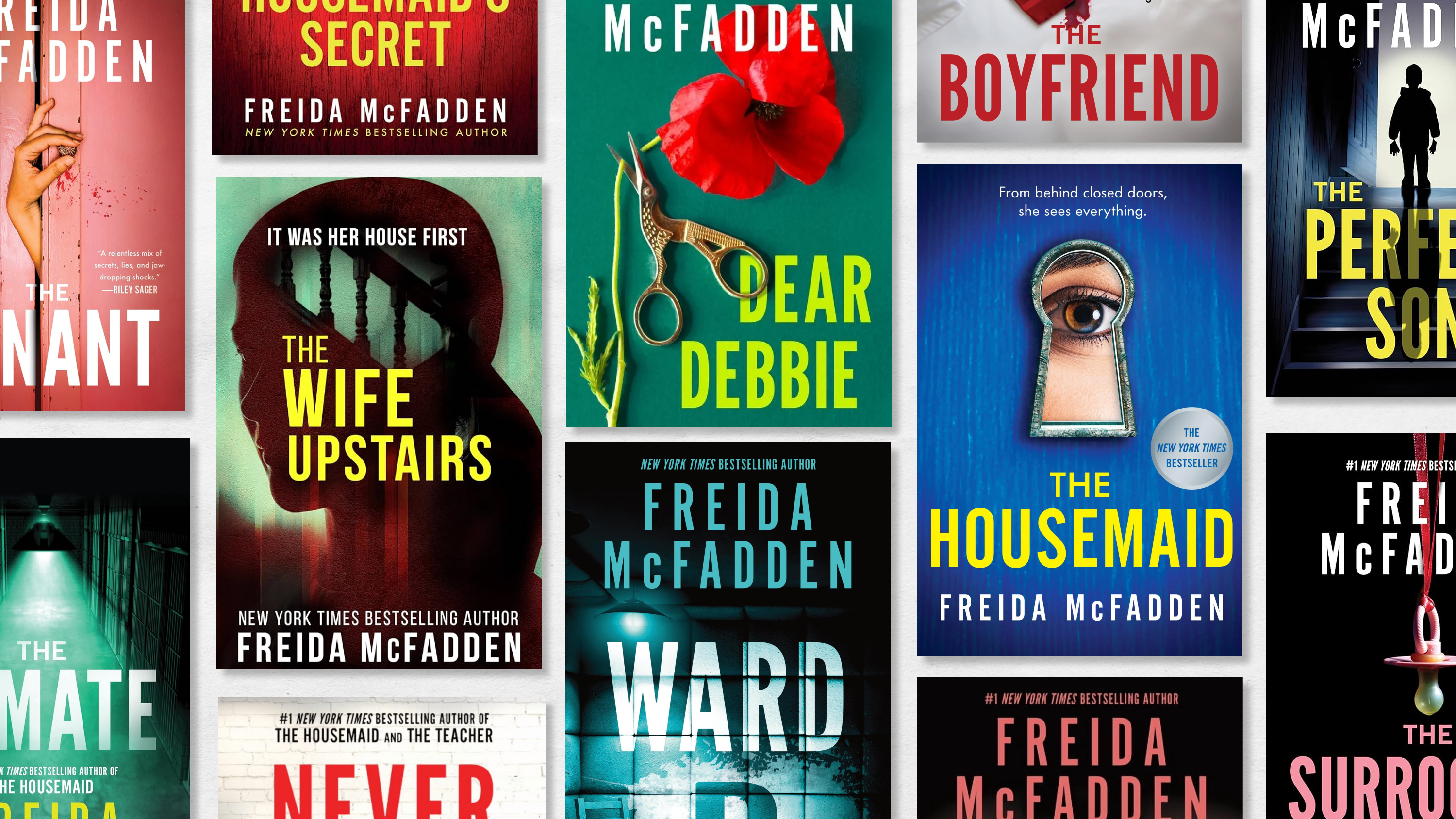 a collage of book covers by freida mcfadden including the housemaid dear debbie the ward and mroe