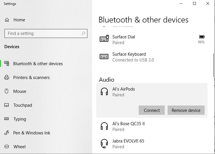 Windows 10 Bluetooth settings Airpods