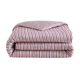 Wake in Cloud - Striped Cotton Duvet Cover Set, 100% Washed Cotton Textured Percale Bedding Set, Ticking Stripe Pinstripe Farmhouse, 3 Pieces, Light Pink, Queen Size