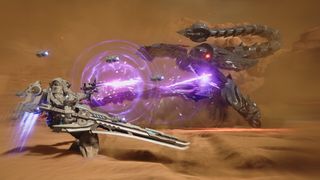 A silver gundam dashes away from a large octopus like enemy while firing laser weapons