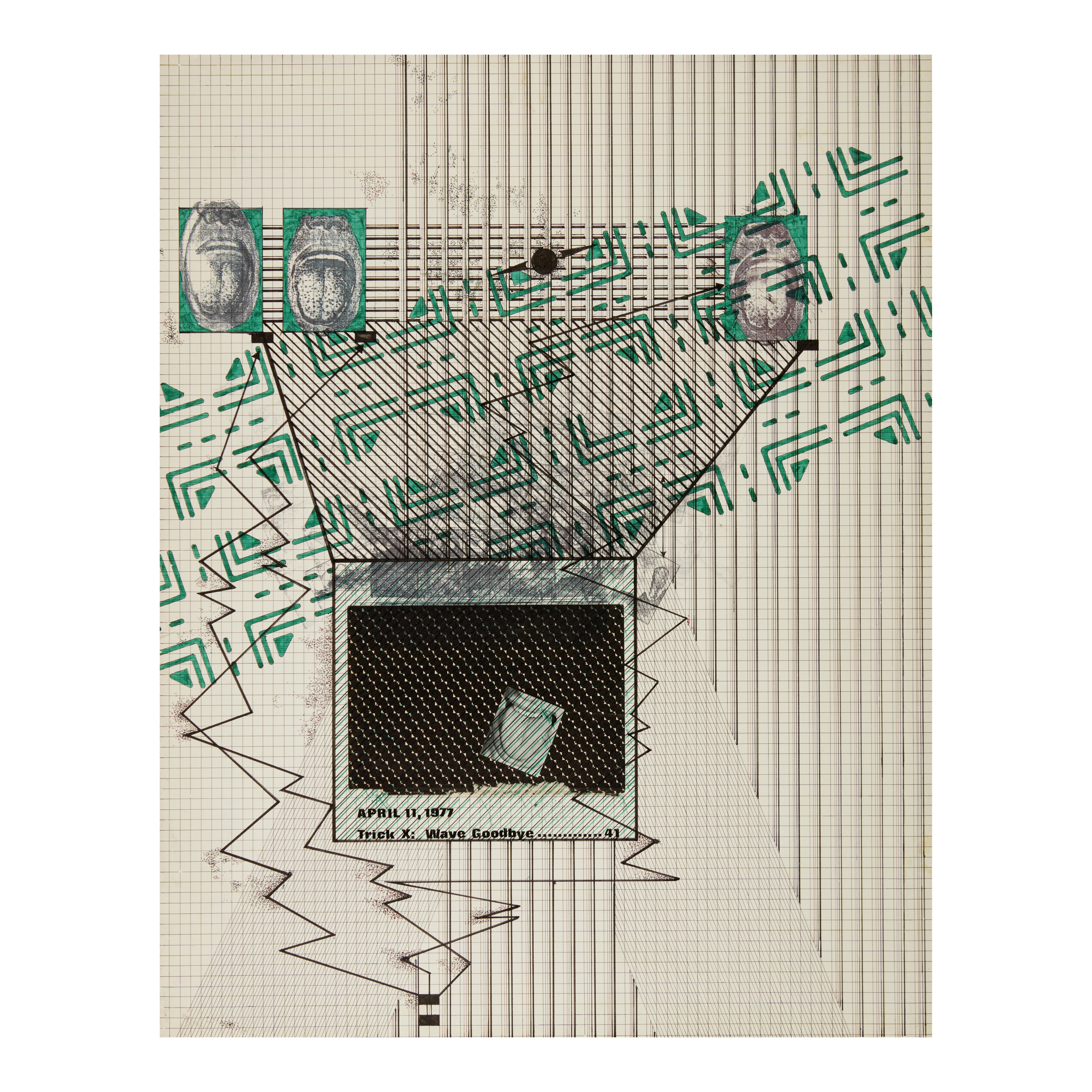 A mixed media collage on graph paper combining fingerprint images, geometric green patterns, hatched shapes and printed text reading "April 11, 1977, Trick X: Wave Goodbye."