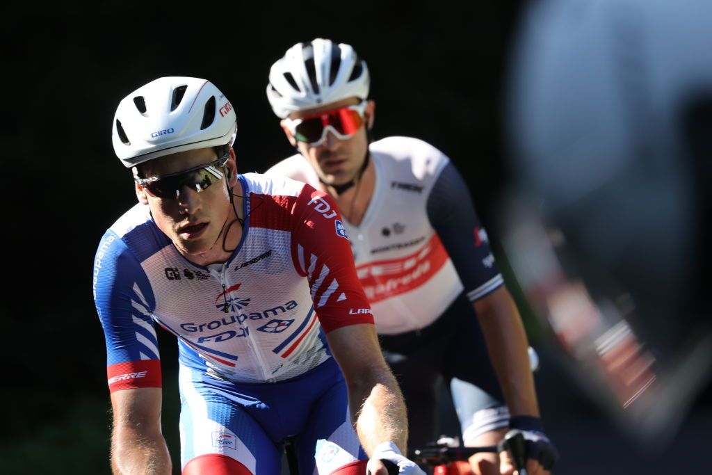 Team GroupamaFDJ rider Switzerlands Stefan Kung L and Team Trek rider Belgiums Edward Theuns ride ahead during the 14th stage of the 107th edition of the Tour de France cycling race 197 km between ClermontFerrand and Lyon on September 12 2020 Photo by KENZO TRIBOUILLARD AFP Photo by KENZO TRIBOUILLARDAFP via Getty Images