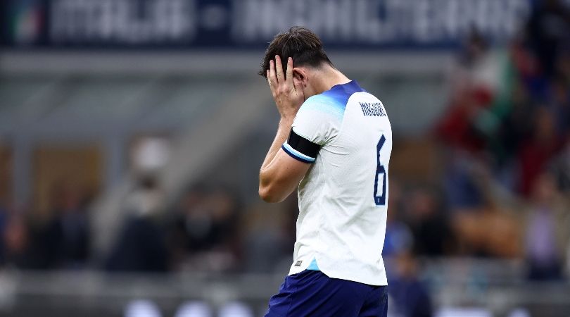 Harry Maguire holds his head during England&#039;s 1-0 defeat to Italy in the UEFA Nations League.