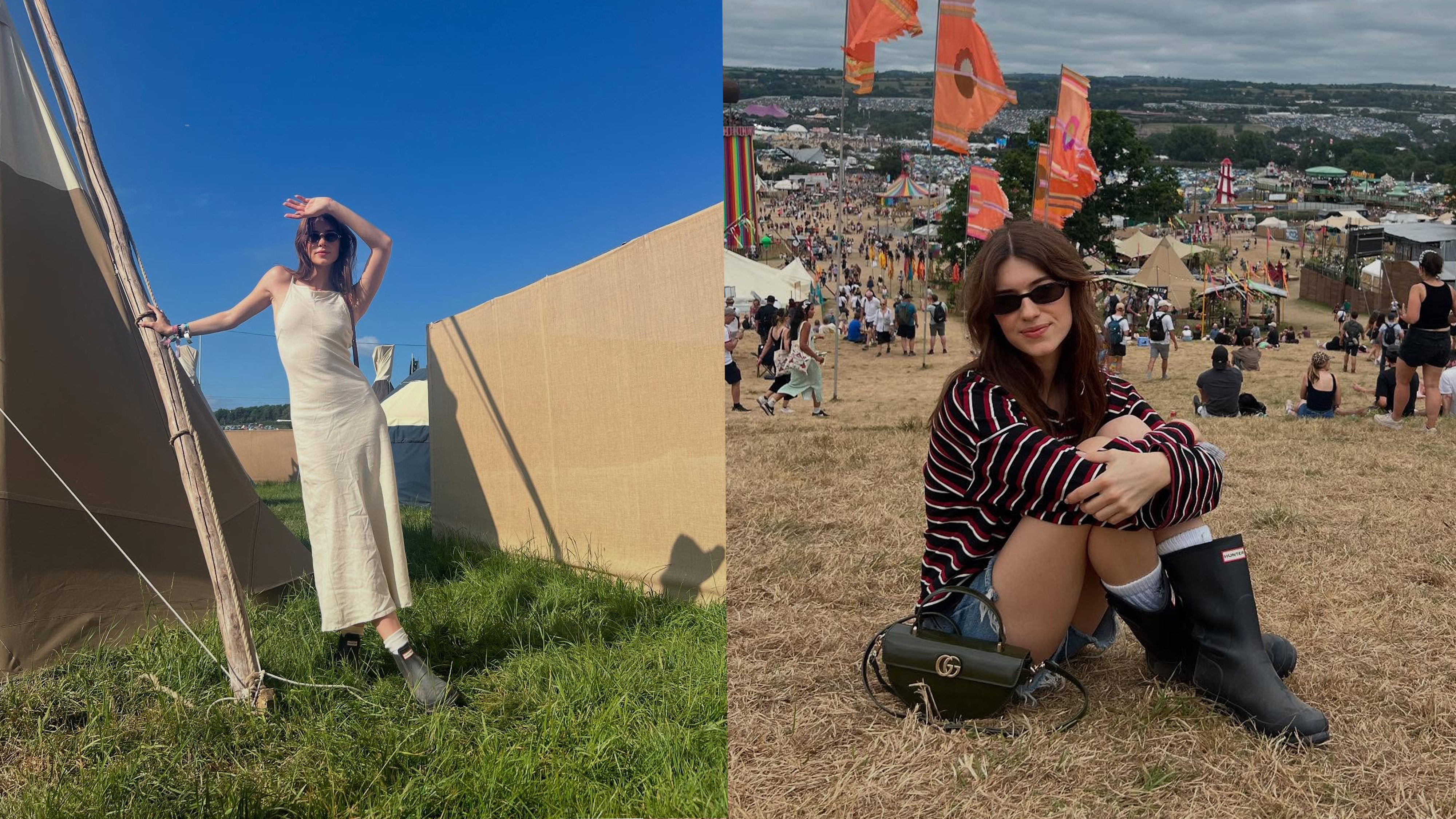 Daisy Edgar Jones at Glastonbury Festival wearing Hunter rain boots.