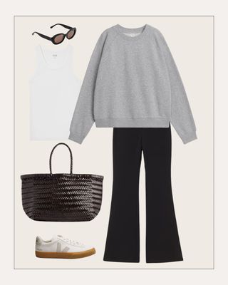 Comfy travel outfits: Sweatshirt and flared leggings with trainers