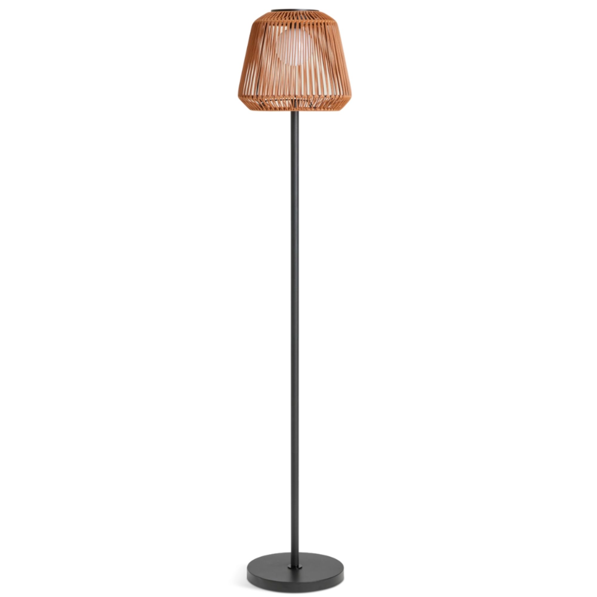 Outdoor floor lamp with rattan shade and black base
