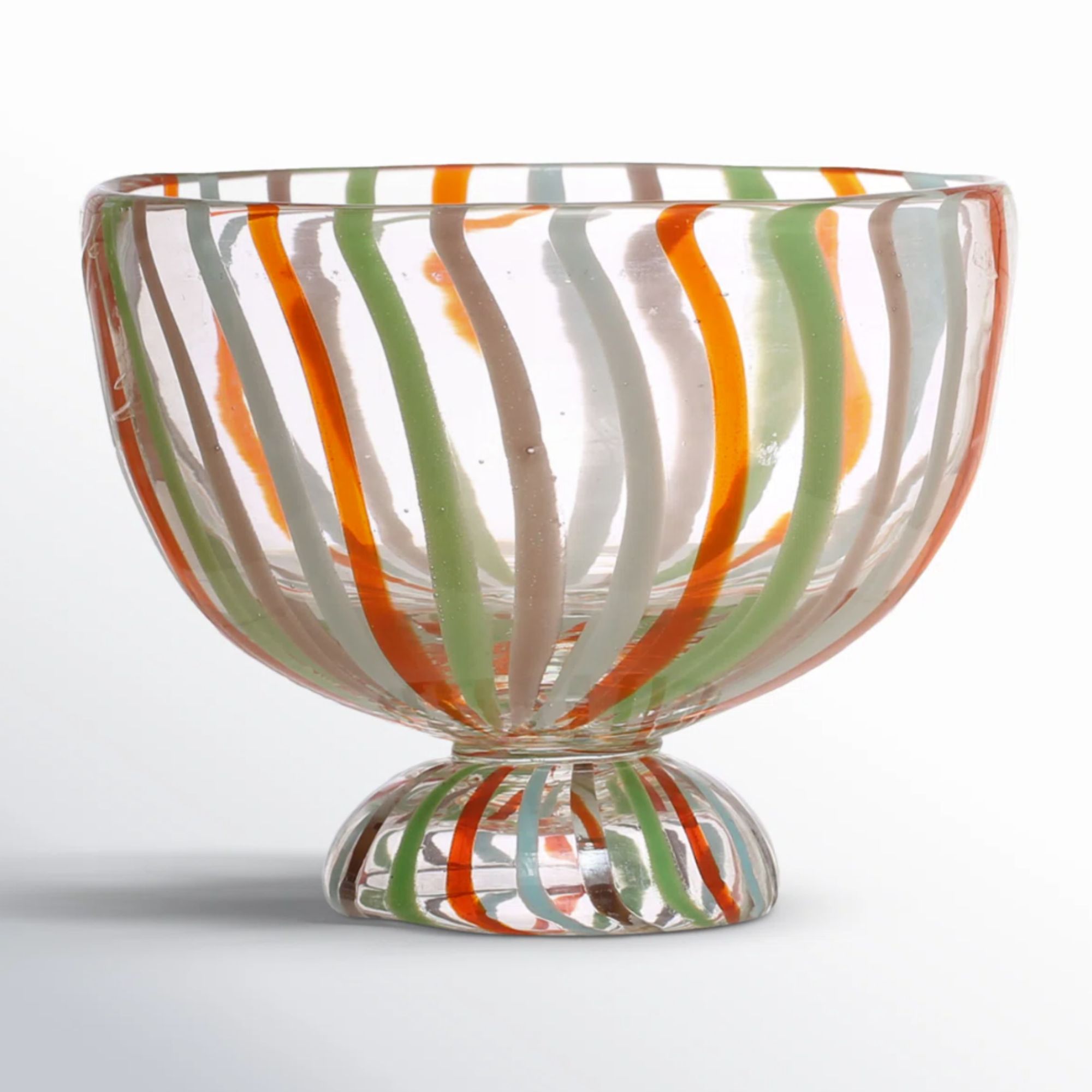Green white and orange striped glass footed serving bowl