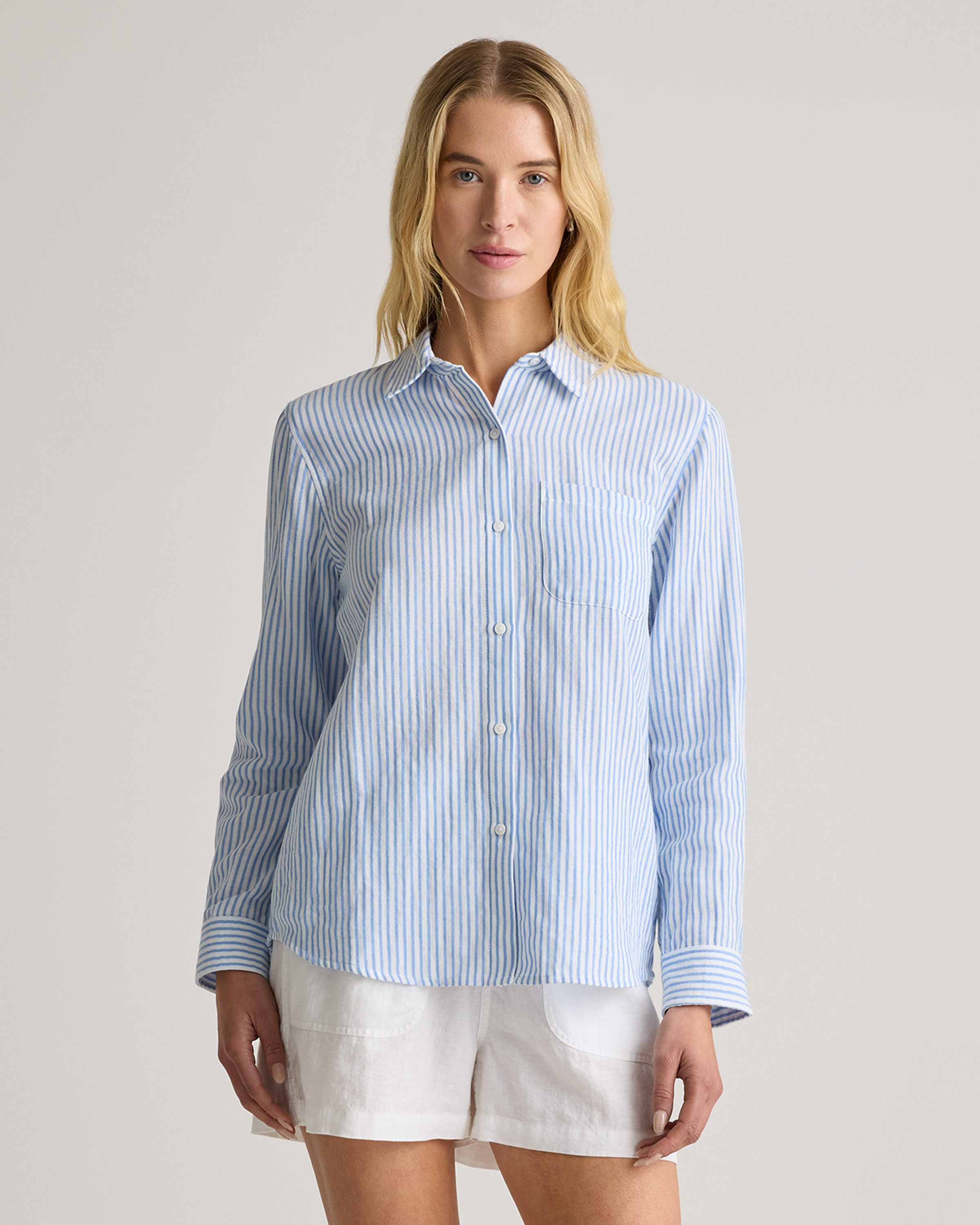 100% Organic Cotton Gauze Long Sleeve Shirt in Bayside Stripe Blue/white