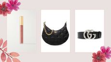 Three Gucci Cyber Monday deals 2023 deals: a neutral lipstick, a Gucci GG belt and a black Gucci handbag.