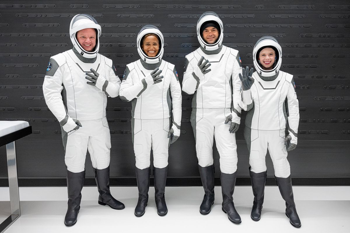 The four Inspiration4 crewmembers in their SpaceX flight suits on launch day. They are (from left): Chris Sembroski, Sian Proctor, Jared Isaacman and Hayley Arceneaux.
