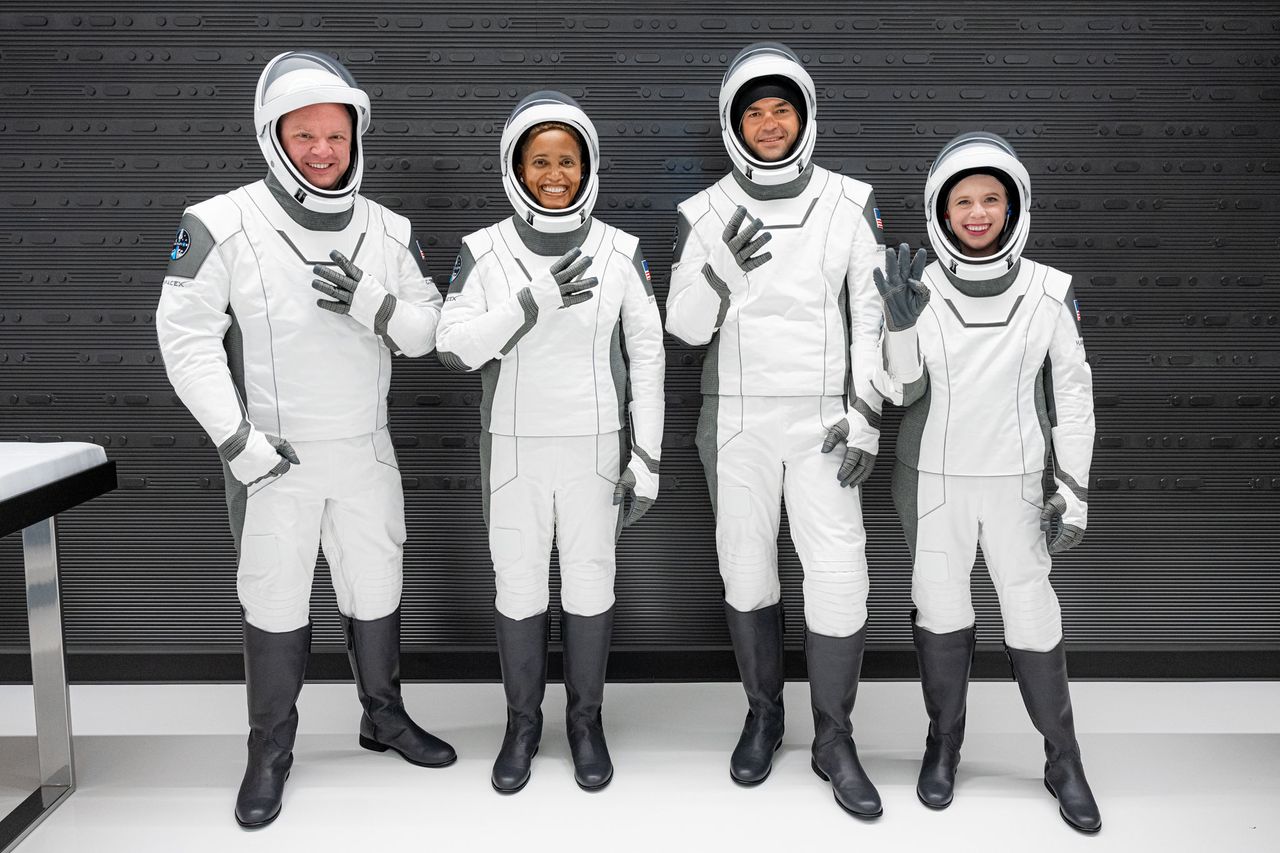 The four Inspiration4 crewmembers in their SpaceX flight suits on launch day. They are (from left): Chris Sembroski, Sian Proctor, Jared Isaacman and Hayley Arceneaux.