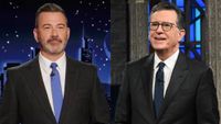 From L to R: Jimmy Kimmel on Jimmy Kimmel Live!, Stephen Colbert on The Late Show with Stephen Colbert.