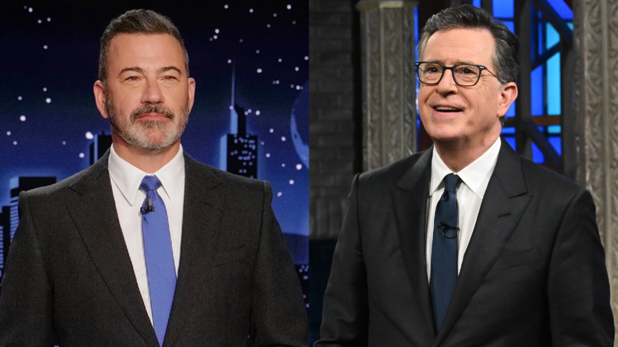From L to R: Jimmy Kimmel on Jimmy Kimmel Live!, Stephen Colbert on The Late Show with Stephen Colbert.