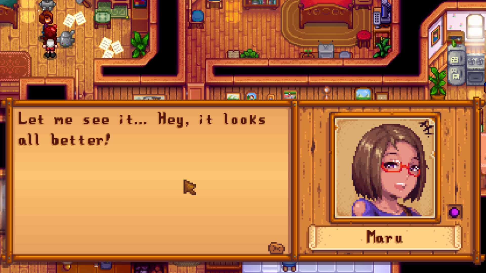 Maru's Stardew Valley portrait in an anime art style from OhDavi's mod.