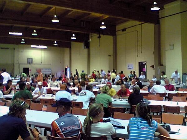 Dinner about to be served in the mess hall.