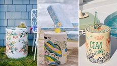 an assortment of three images of colorful ceramic outdoor side tables with decorative drawings on its sides