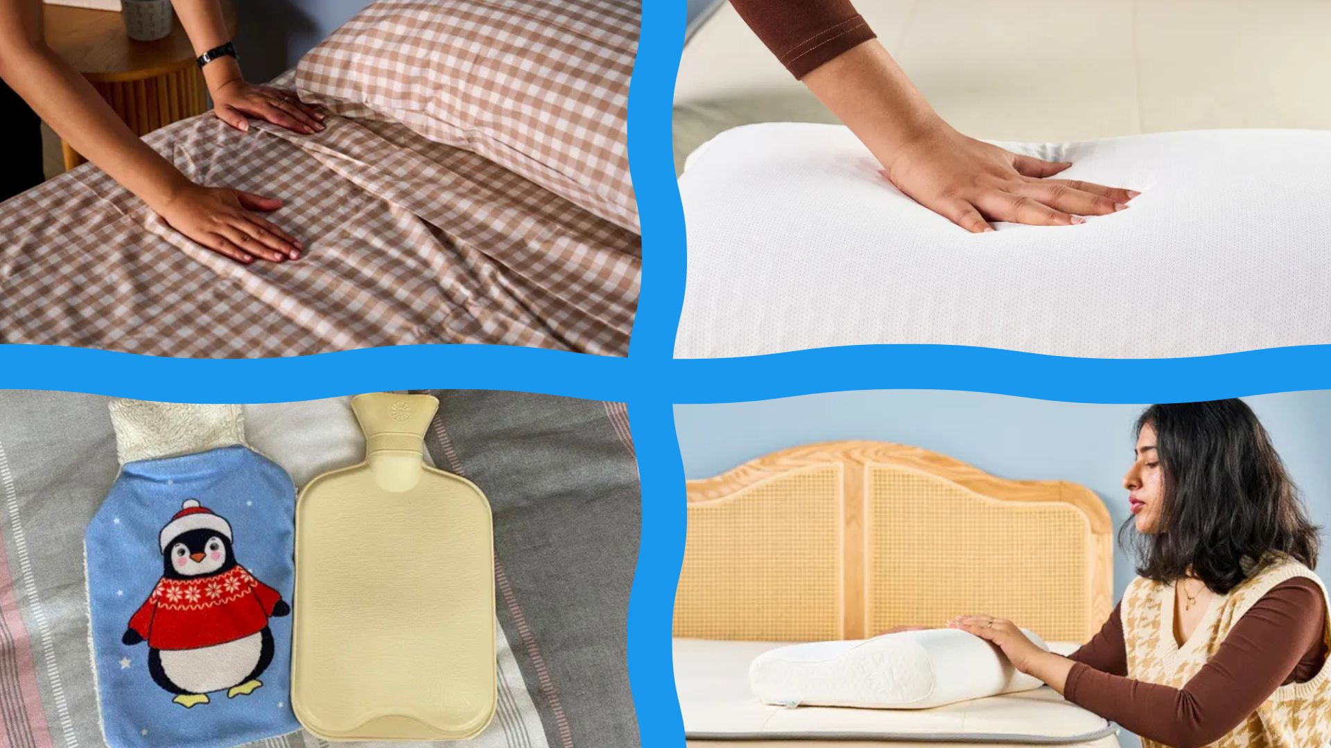 A four-image collage of someone making a hard mattress softer. 