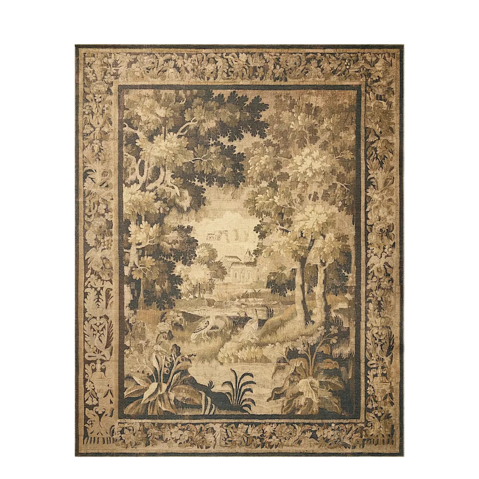 a tapestry-like rug with a pastoral scene in brown, dark green, and black