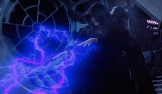 Star Wars: Return of the Jedi Vader picks up Palpatine as he uses Force Lightning