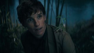 Eddie Redmayne with a creature on his shoulder in Fantastic Beasts: The Secrets of Dumbledore