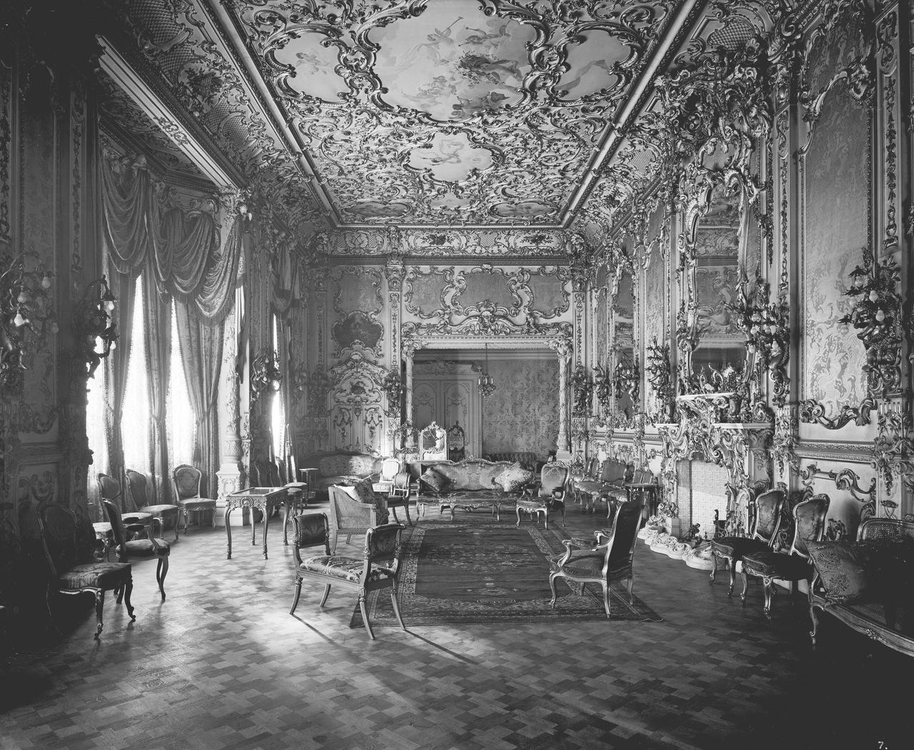 Fig 1: The Rococo ballroom, hung with yellow silk, of 41, Grosvenor Square, Mayfair, W1. The house, created in the 1880s by George Devey for shipping magnate Charles H. Wilson, later Lord Nunburnholme, was neo-Jacobean in style.