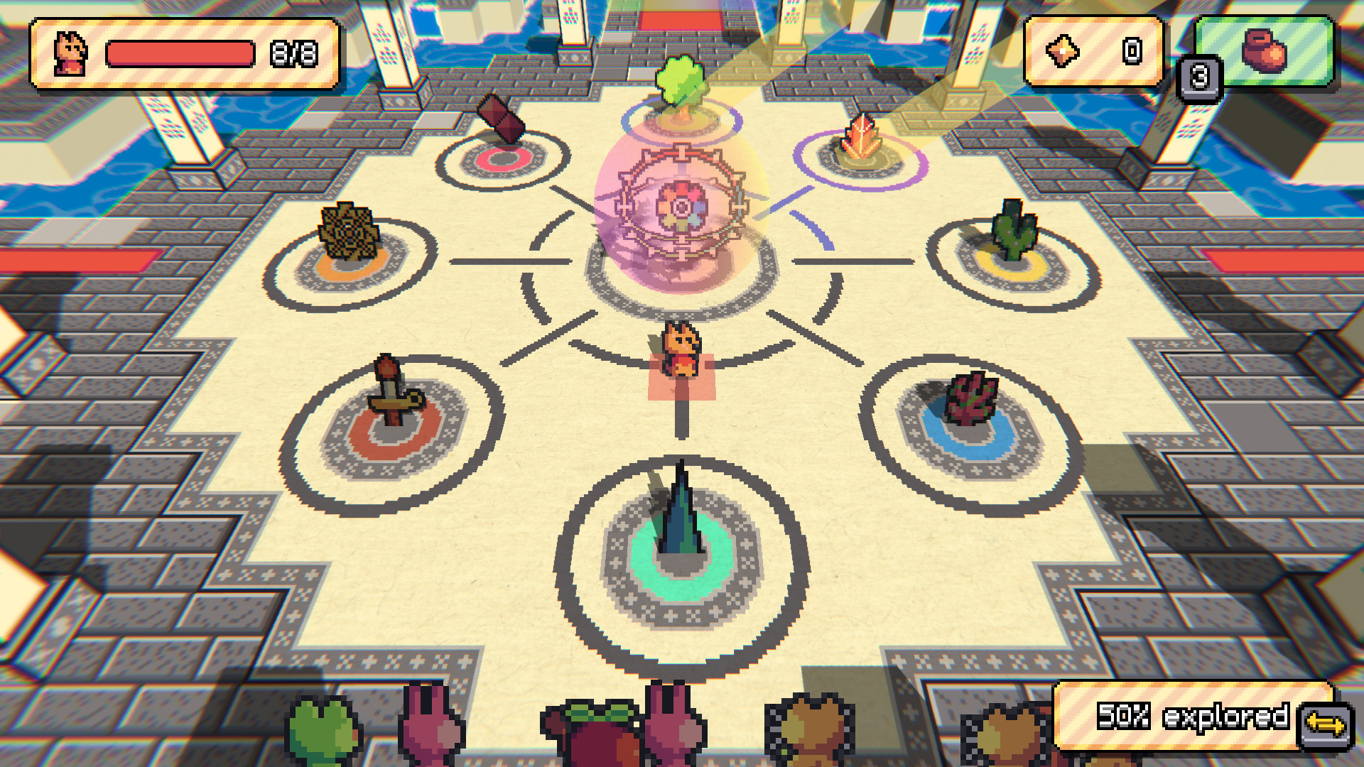 Hub area in between full areas of the roguelike, Paper Mario-style dais with spots for the game's primary collectibles arranged in a hexagram around a central point.