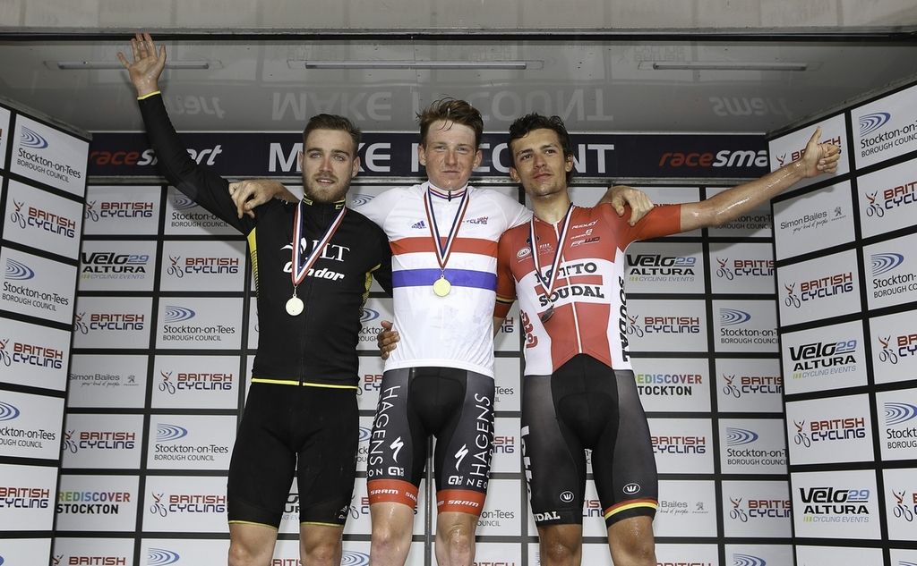 The U23 podium of Christopher Lawless (JLT Condor), Tao Geoghegan Hart (Axeon Hagens Berman) and James Shaw (Lotto Soudal U23)