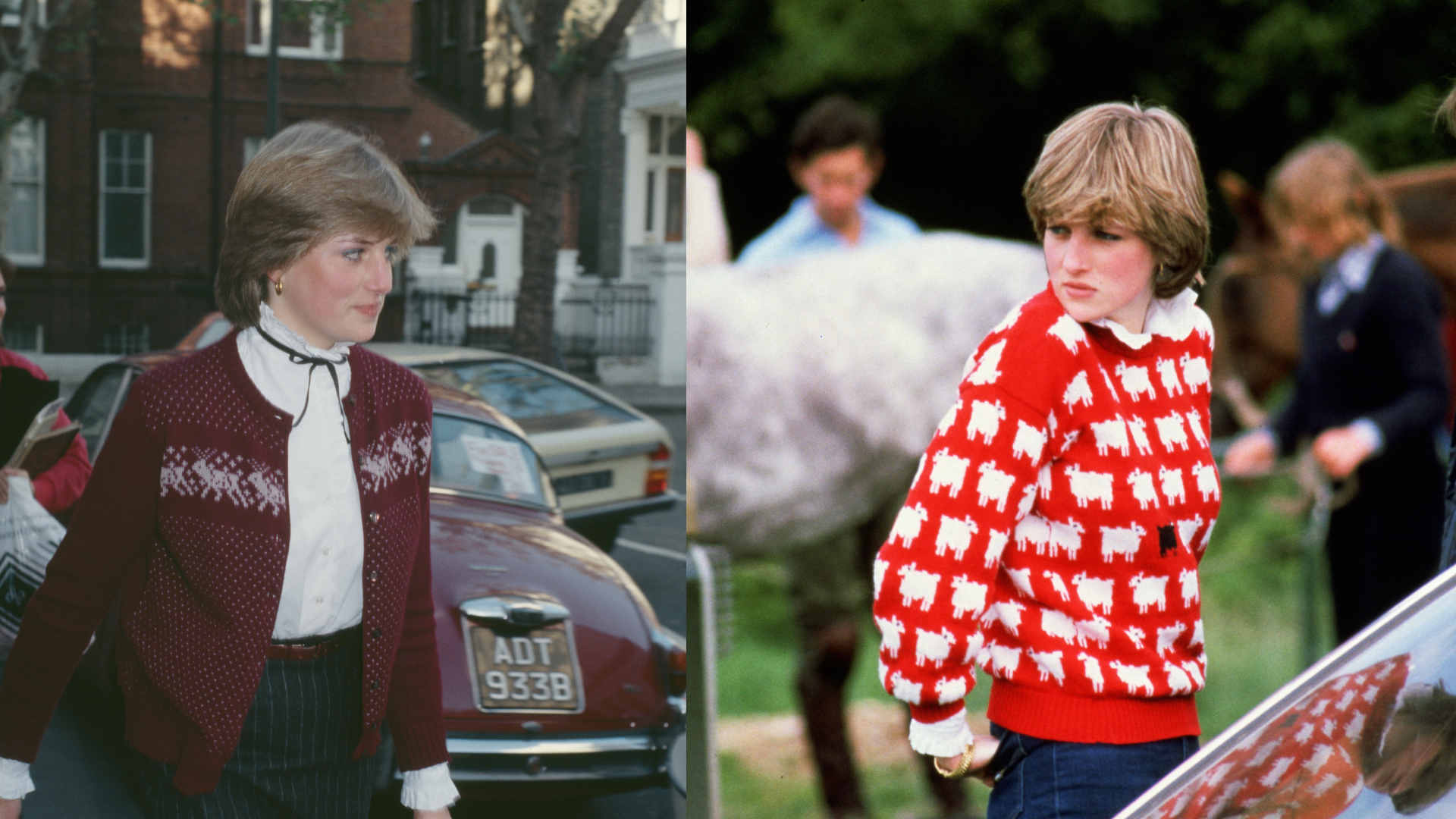 Princess Diana wearing a cardigan; Princess Diana wearing a red sweater with sheep on it