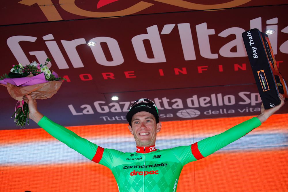 Pierre Rolland on the stage 17 podium at the Giro d'Italia