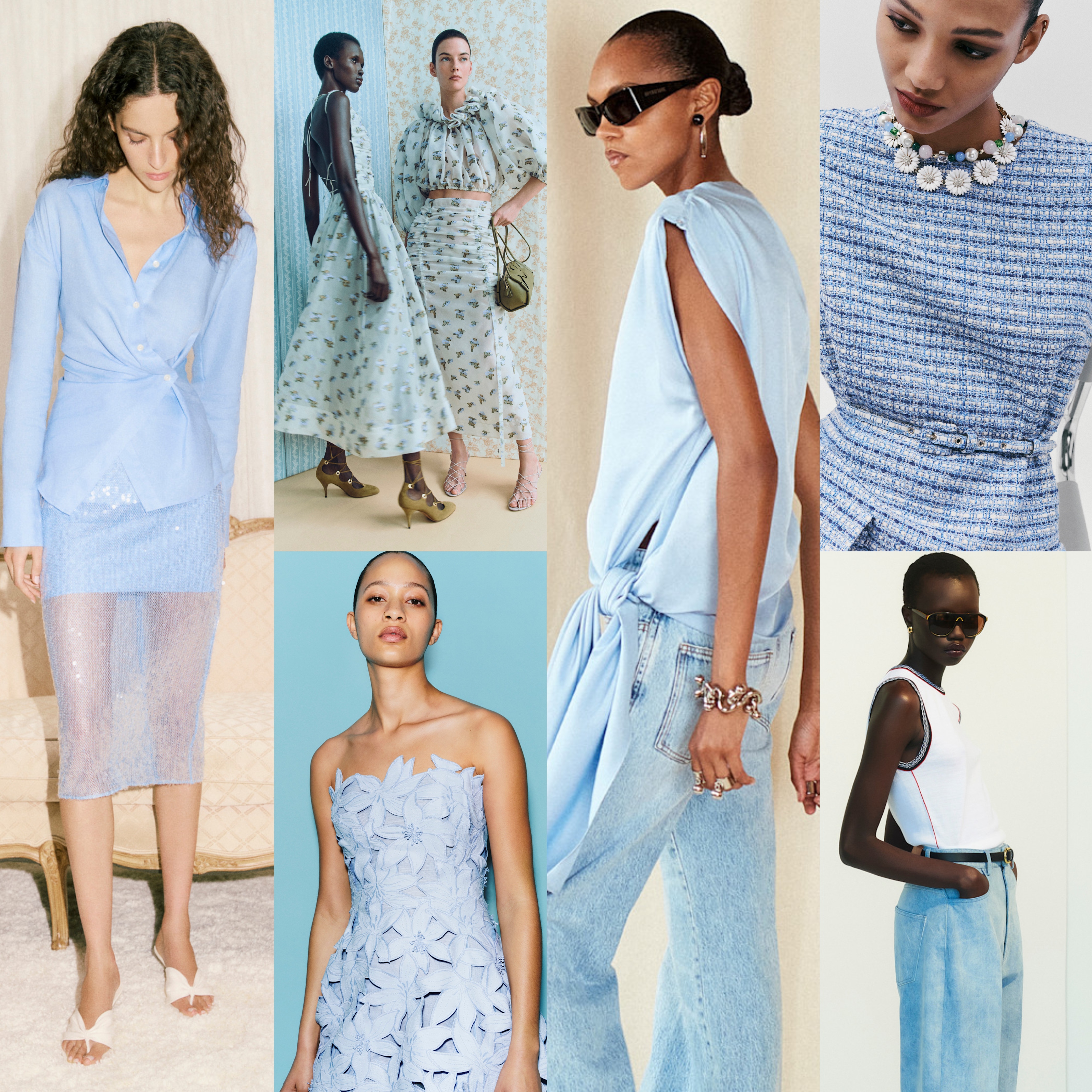 collage of pre-fall 2026 collections from veronica beard, ulla johnson, sacai, sportsmax, carolina herrera, and adam lippes 